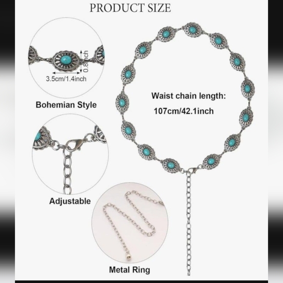 New Silver Turqouise Color Adjustable concho belt - Picture 3 of 3